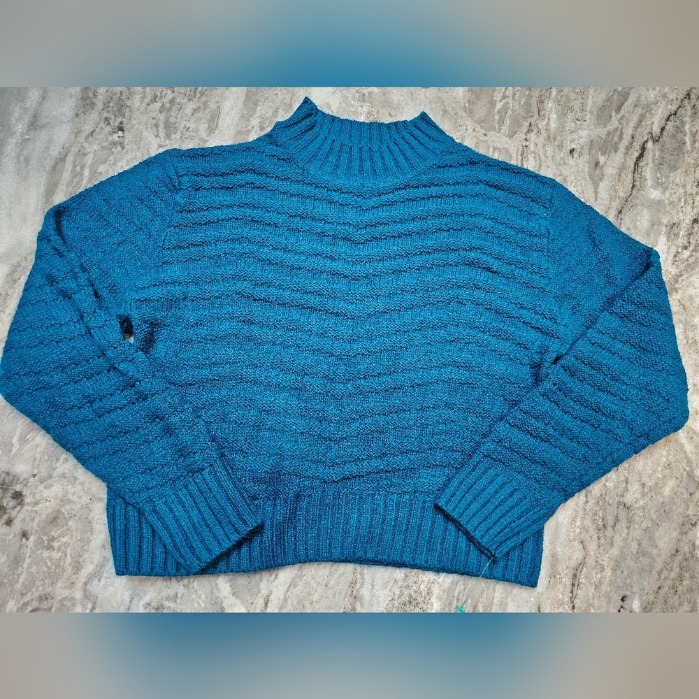 Poof! Teal Chenille Cropped Sweater – Ribbed Hem, Cozy Knit, Size L